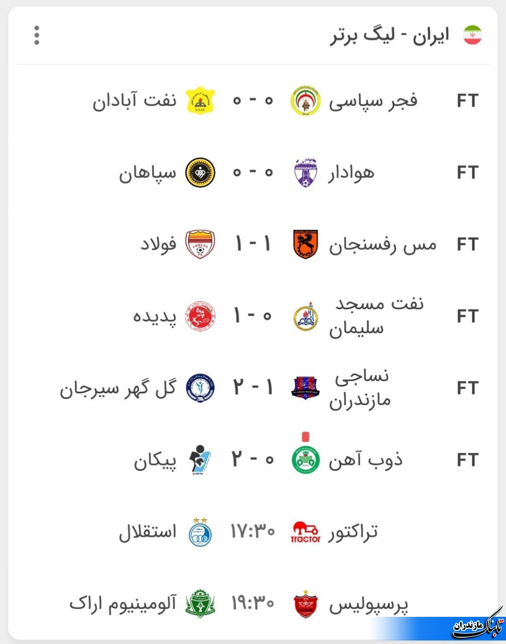 نتایج هفت بازی امروز لیگ برتر فوتبال